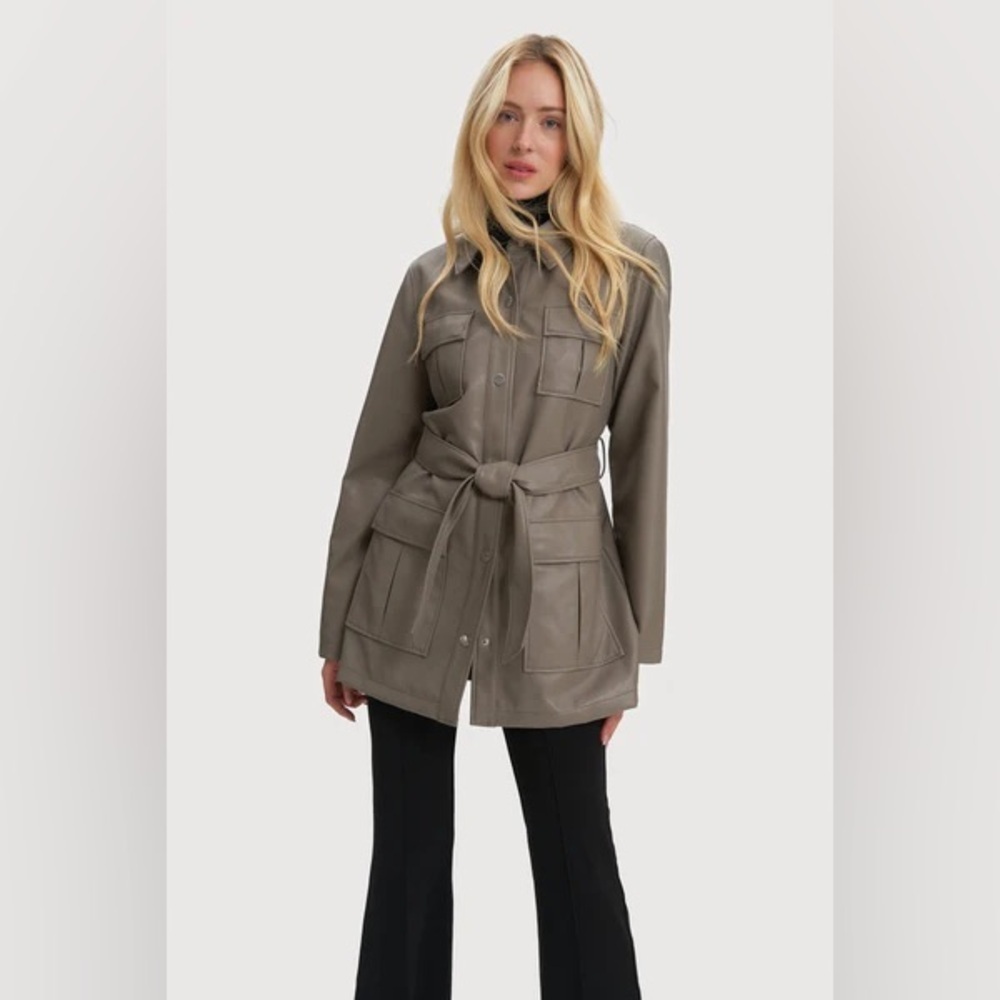 NOIZE Vegan Leather Gray Belted Trench Coat Size Small VGUC